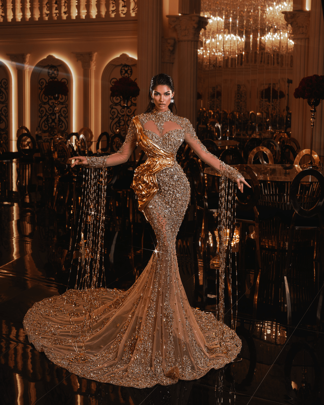 Închiriere Rochie Haute Couture BLINI - VALORA GOLD LONG DRESS WITH METALLIC LEATHER AND VAIL
