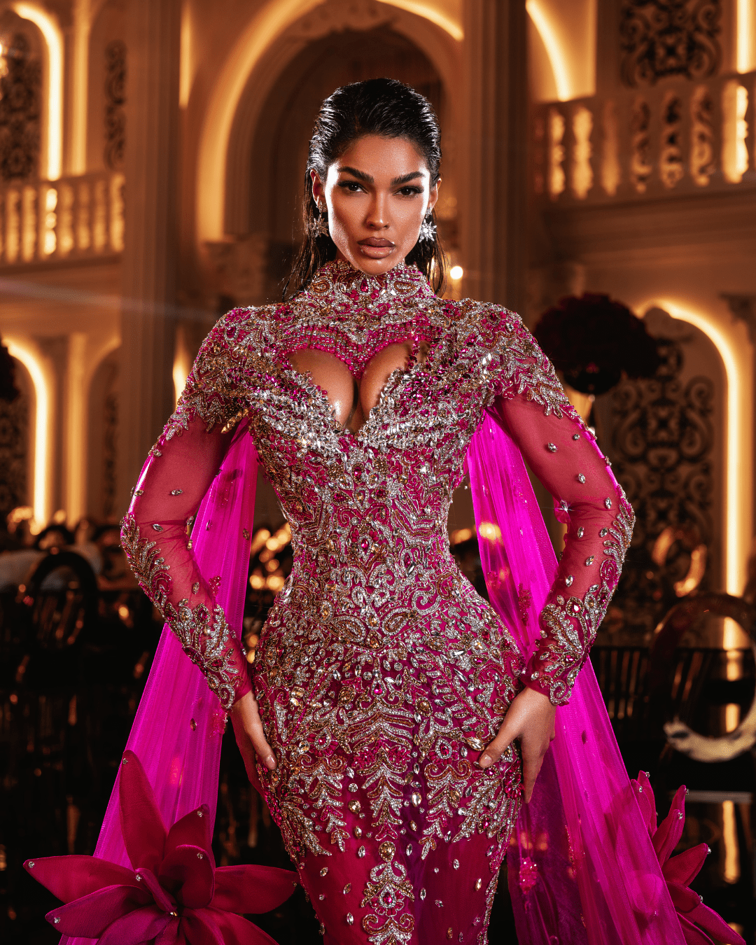 Închiriere Rochie Haute Couture BLINI - CALESTA PINK LONG DRESS WITH FLOWERS AND SIDE CAPES