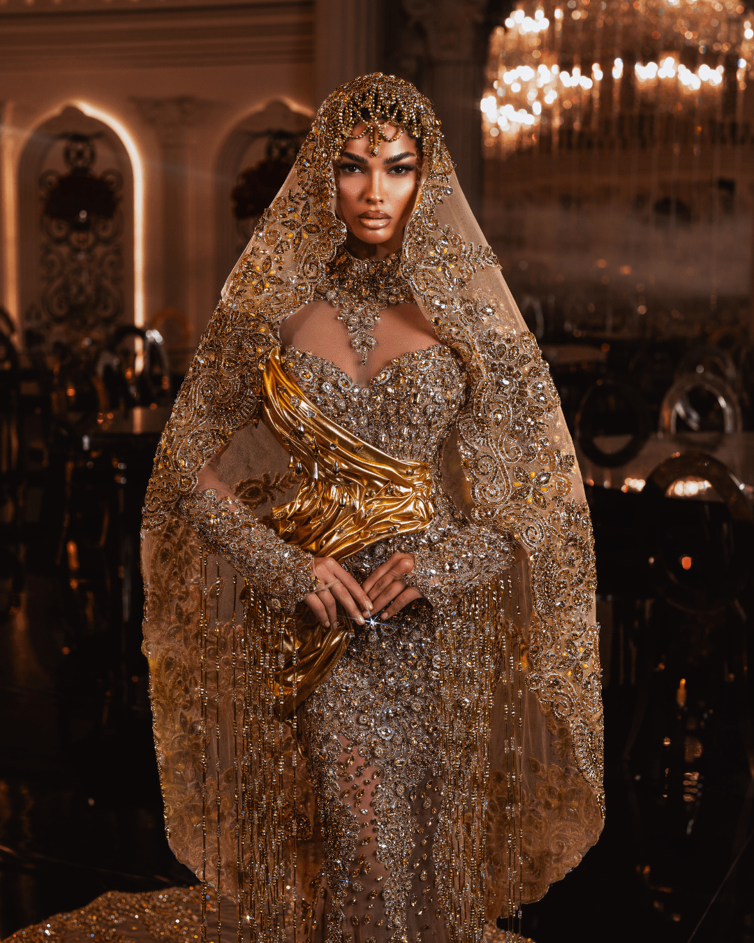 Închiriere Rochie Haute Couture BLINI - VALORA GOLD LONG DRESS WITH METALLIC LEATHER AND VAIL
