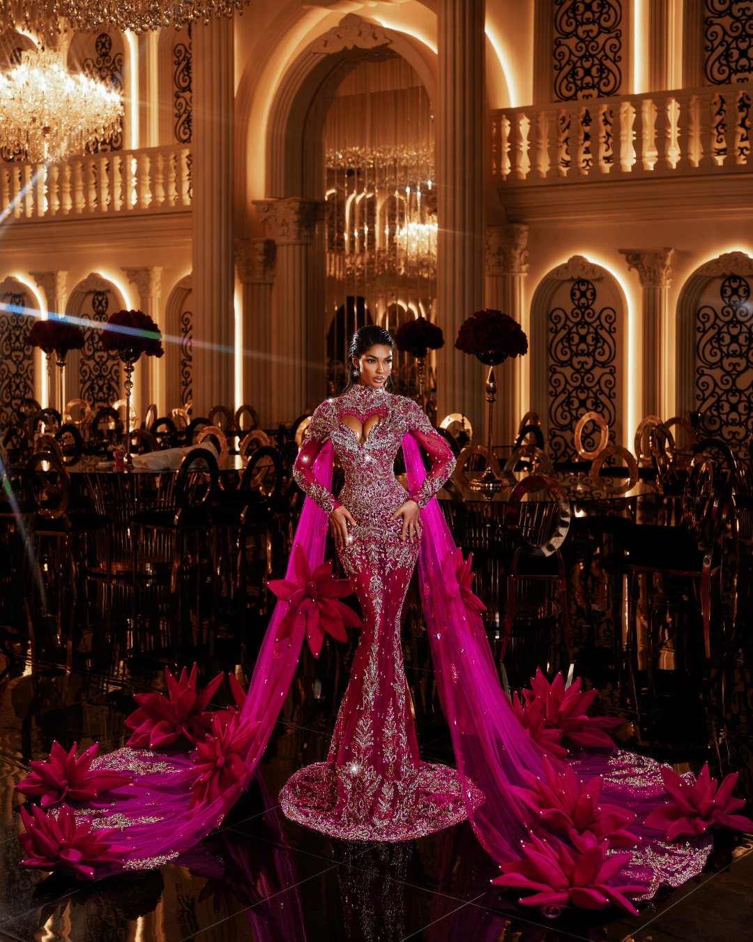 Închiriere Rochie Haute Couture BLINI - CALESTA PINK LONG DRESS WITH FLOWERS AND SIDE CAPES