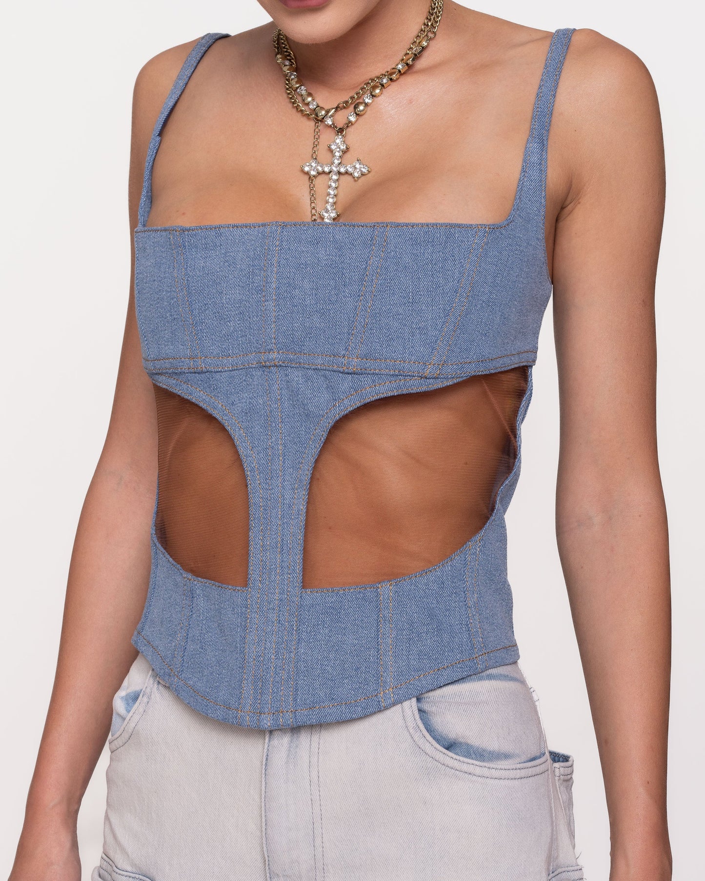 Închiriere corset Mugler - din denim și plasă