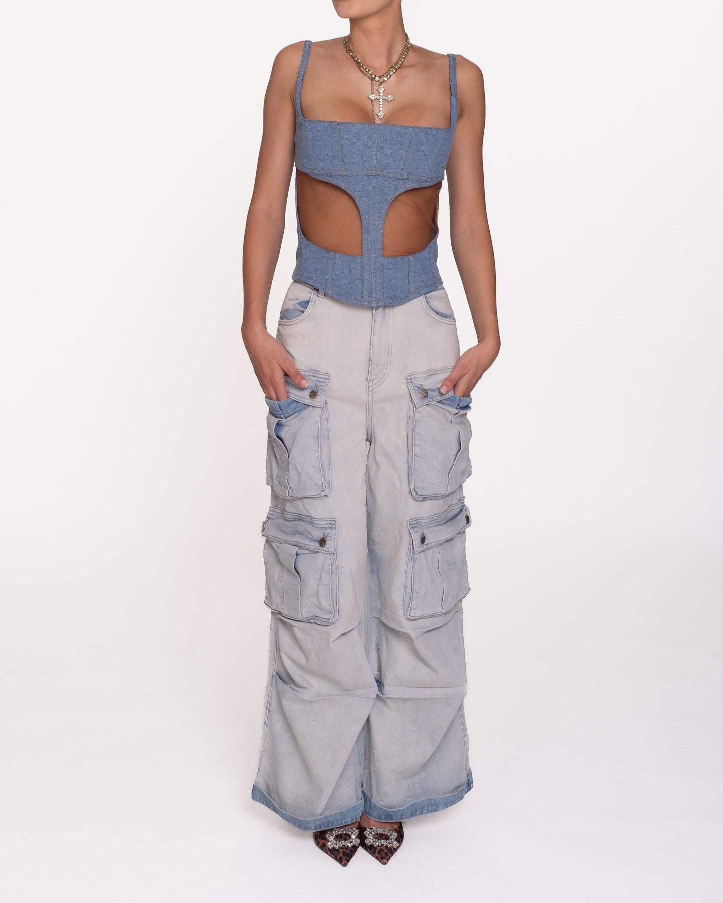 Închiriere corset Mugler - din denim și plasă