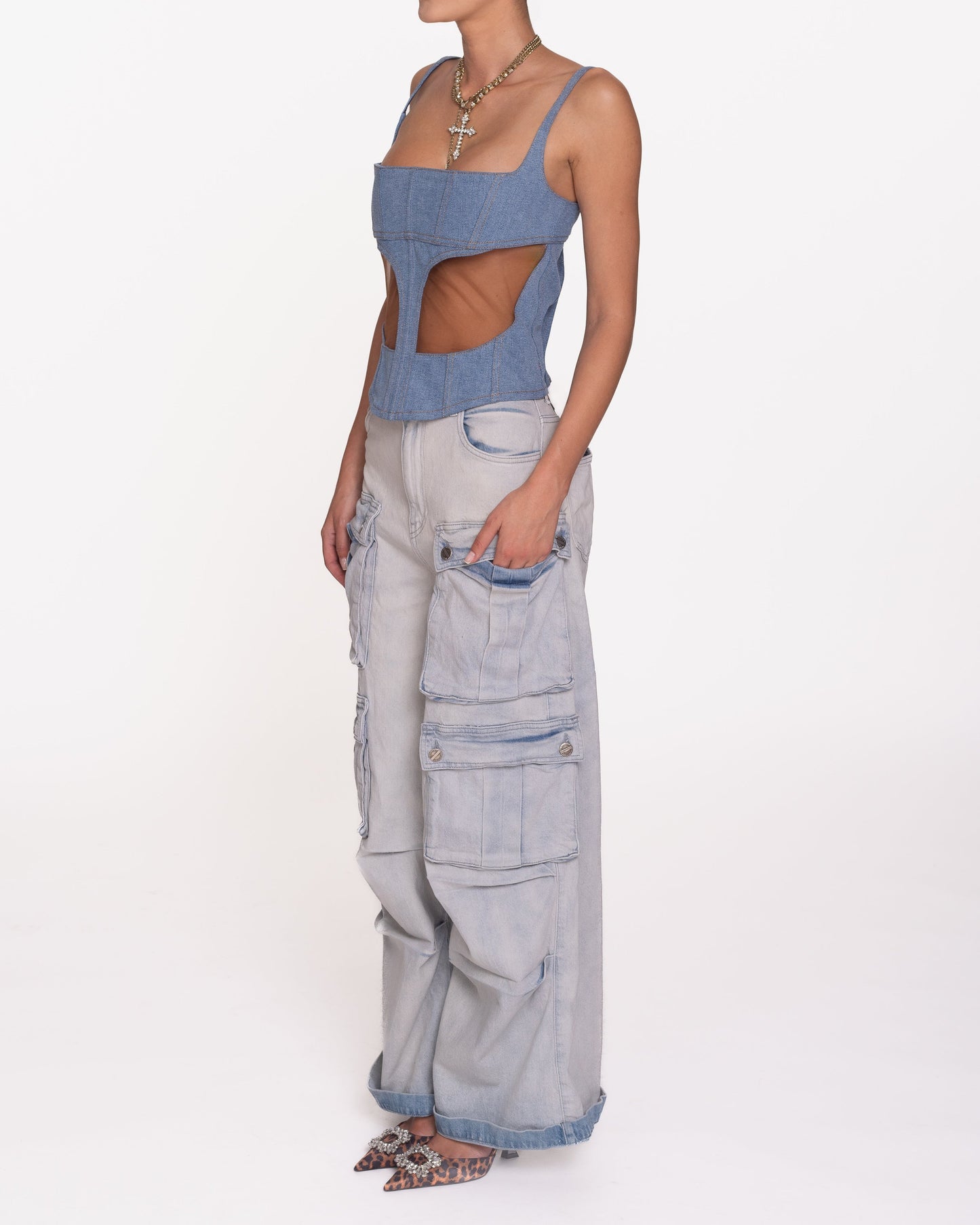 Închiriere corset Mugler - din denim și plasă