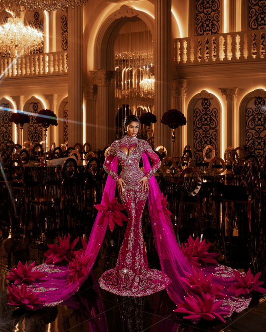Închiriere Rochie Haute Couture BLINI - CALESTA PINK LONG DRESS WITH FLOWERS AND SIDE CAPES