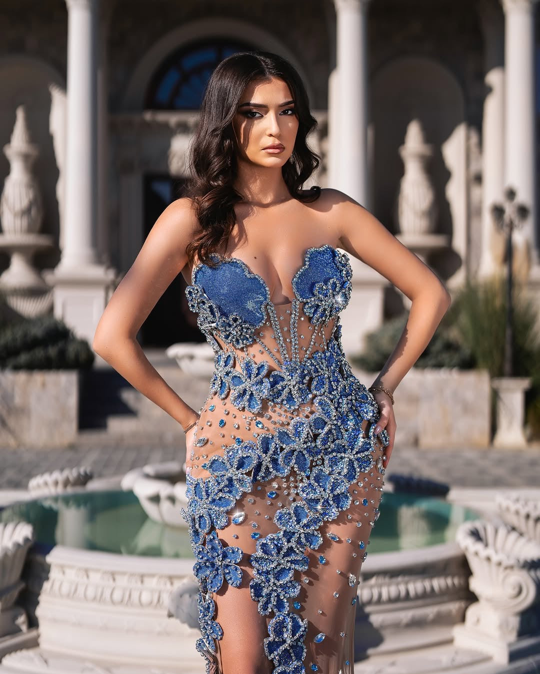 Închiriere Rochie Haute Couture BLINI - BLUE DRESS WITH FLORAL DESIGNS