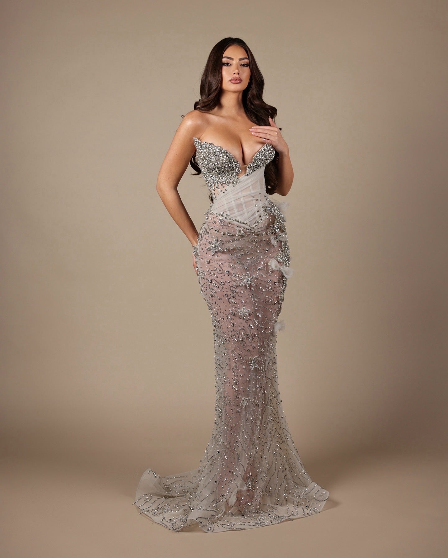 Închiriere Rochie Haute Couture Kosovo Designer - BARON - Silver Dream & Flowers