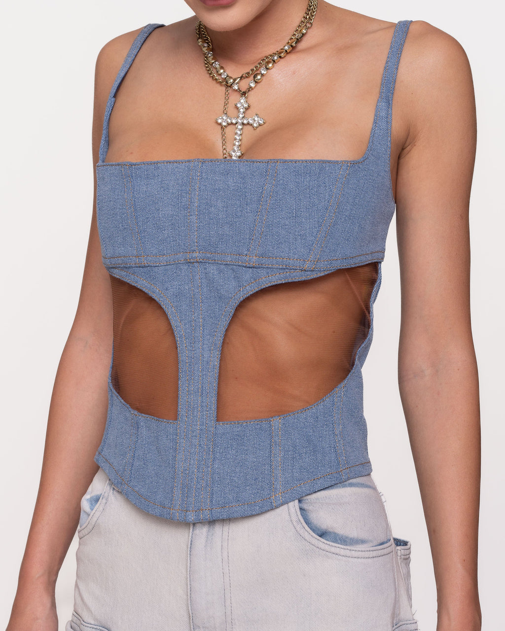 Închiriere corset Mugler - din denim și plasă