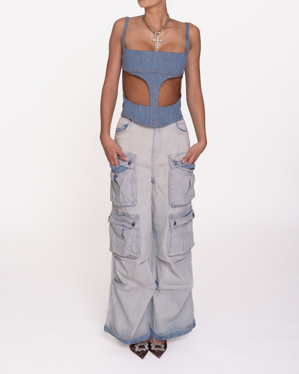 Închiriere corset Mugler - din denim și plasă